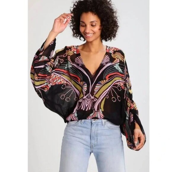 FREE PEOPLE Beneath the Sea Black Print Top size M - Picture 4 of 14